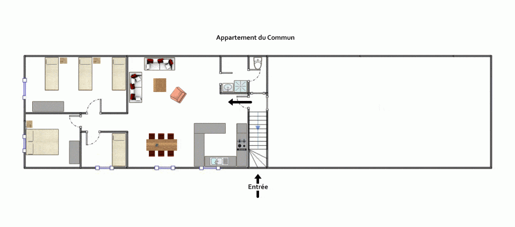 Camping 5 étoiles le Mans Sarthe : L'appartement du Commun du château de Chanteloup, dans les dépendances pour 6 personnes, le plan de l'appartement